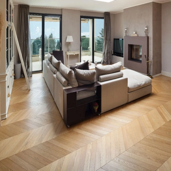 Light oak parquet wood flooring in a large living room