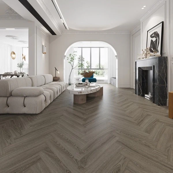 Modern dark grey SPC vinyl herringbone plank floors