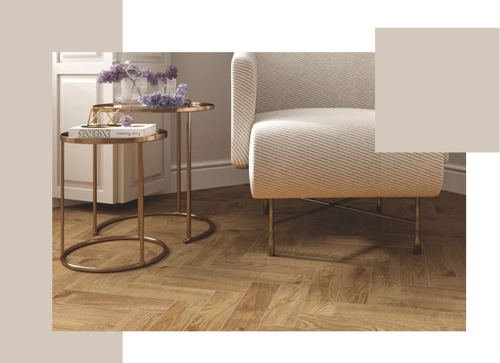Modern living room with herringbone floor and gold tables