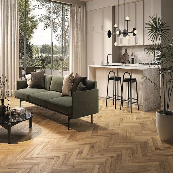 Warm oak-look porcelain herringbone kitchen tiles