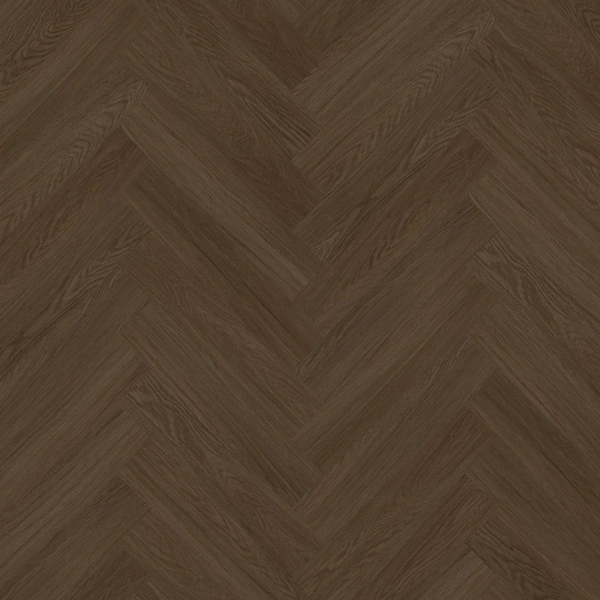 Dark smoked oak semi-solid wood flooring in a sophisticated herringbone pattern.
