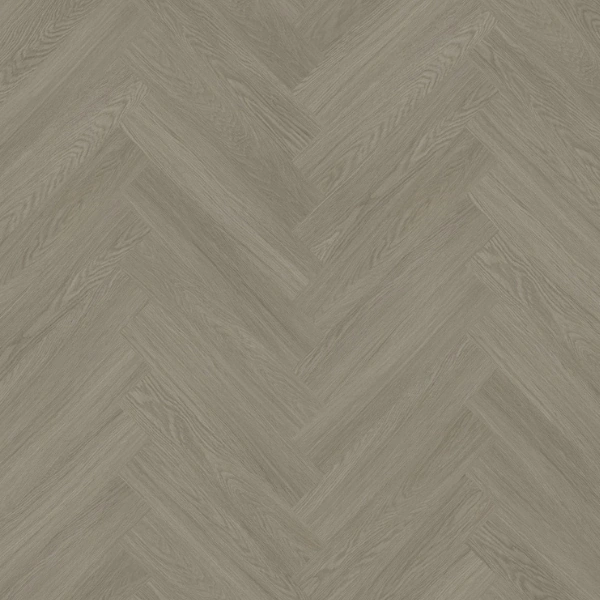 Muted ash oak semi-solid wood flooring in a sleek herringbone layout.