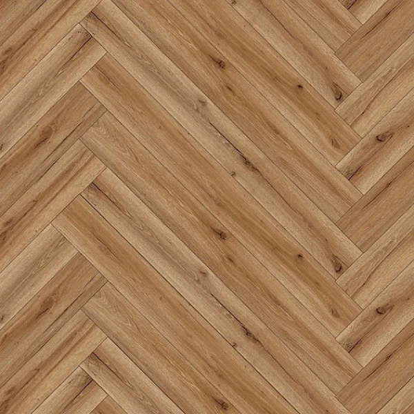 Natural oak semi-solid wood flooring in a classic herringbone pattern