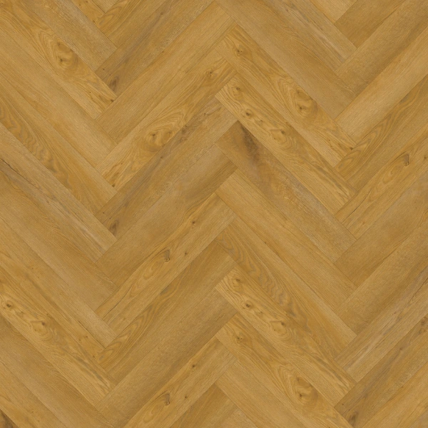 Warm honey oak semi-solid wood flooring in a vibrant herringbone pattern.